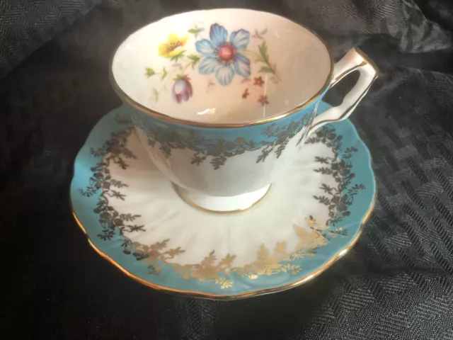 Vintage Aynsley Cup & Saucer Set Bone China England Turquoise Blue Gold Teacup