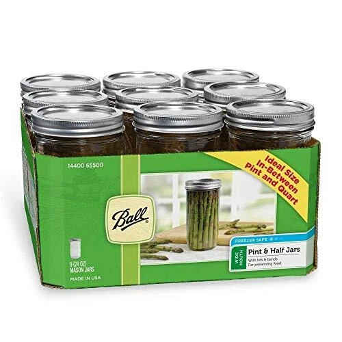 Ball Wide Mouth Pint and Half Glass Freezer Mason Jars, 24 Oz, 9-Count Ball Wide Mouth Pint and Half Glass Freezer Mason Jars, 24 Oz, 9-Count