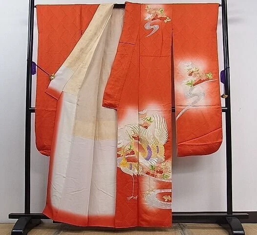 Woman Japanese Kimono Furisode Silk Crane Chrysanthemum Embroidery Vermilion 2