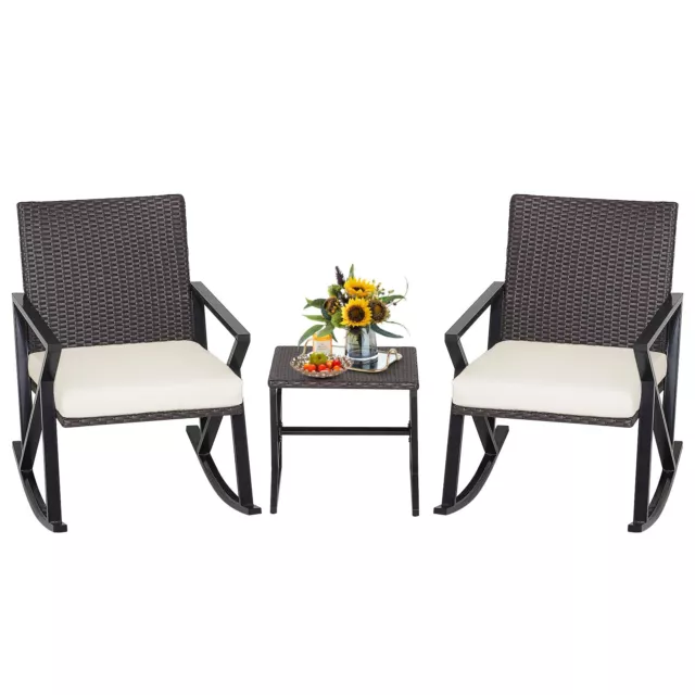 3PCS Rocking Chair & Side Table Set Garden Patio Outdoor Rattan Rocker PE Wicker