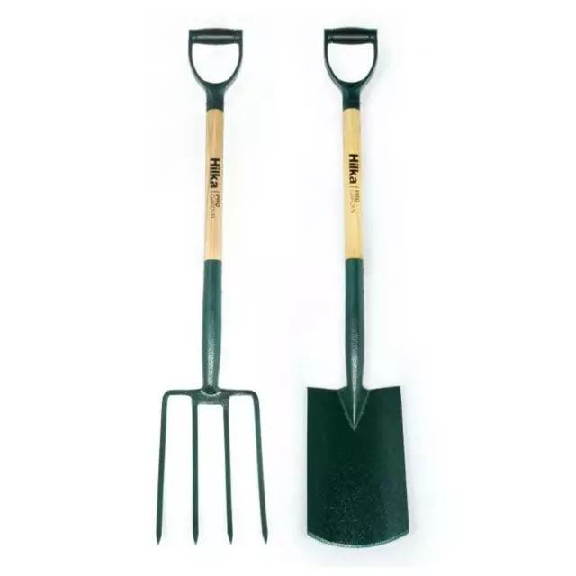 Hilka Heavy Duty 2 Pce Carbon Steel Fork And Spade Hardwood Shaft Gardening