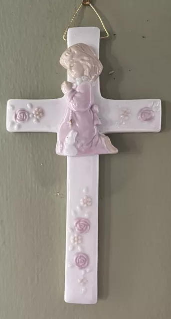 VTG Russ Girls Wall Cross Crucifix Pink with Bunny Kneeling Girl 7.5”