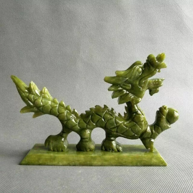 Fengshui Green natural jade Chinese hand-carved Dragon statue good luck