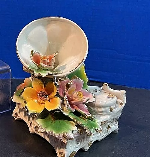 Vintage Italy Capodimonte Floral Phonograph w/Gold accents Large 8" Tall