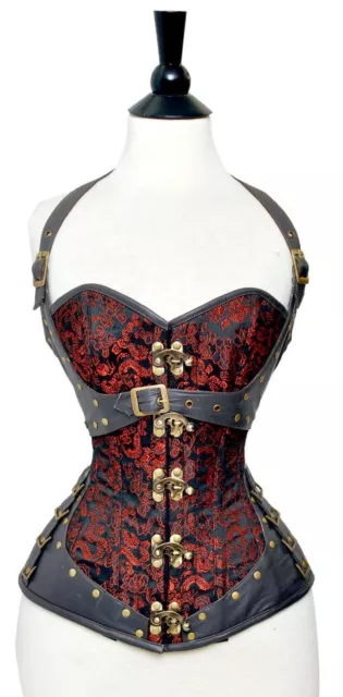 Steampunk Brown Real Leather Red Brocade Steel Bones Full Bust Corset