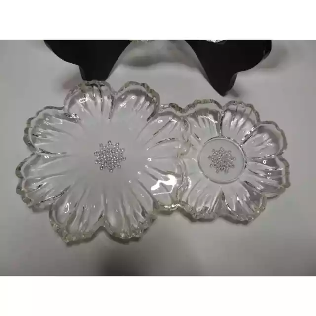 2 Clear Glass 1960s Flower Double Daisy Snack Plates-Hazel Atlas