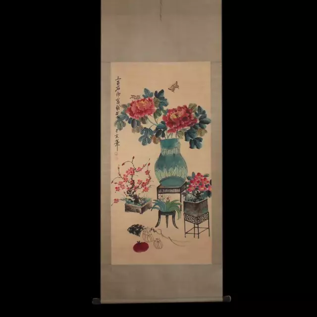 Chinese Old Qi Baishi Watercolor Scroll Painting Peony Flower