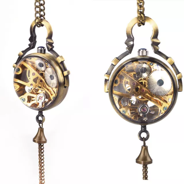 Bronze Glass Ball Skeleton Women Men Hand-Wind Mechanical Pocket Watch Xmas