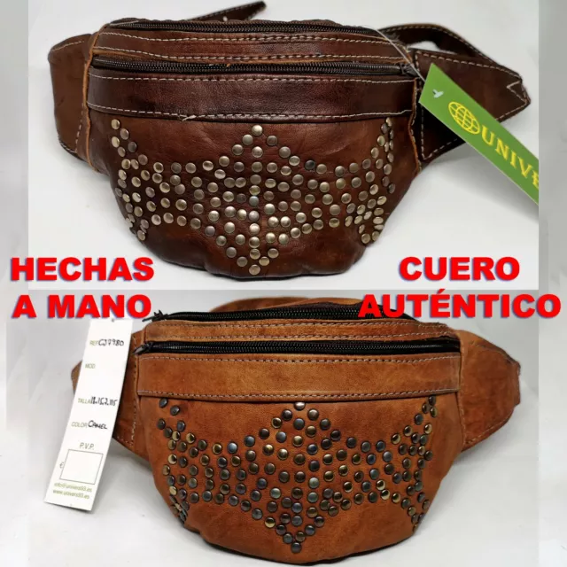 Riñonera hecha a mano de cuero auténtico piel verdadera con tachuelas de moda