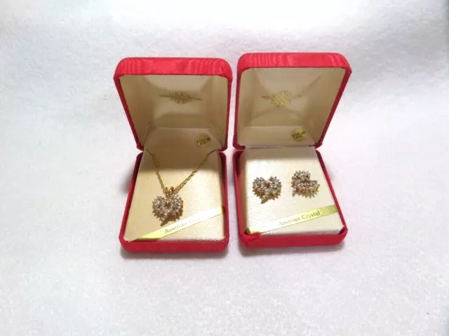 Vintage Austrian Crystal Heart Pendant Necklace Pierced Earrings Jewelry Set NIB