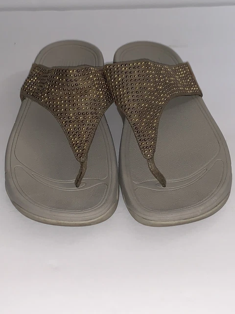 Fitflop Flare Sandals Womens Size 8 Beige Rhinestone Thong Wedge Toe Post Chunky 2