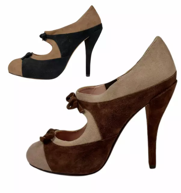 OUTLET -30% Scarpe Donna Francesina tacco Decoltè Beige Nero Scamosciate PELLE