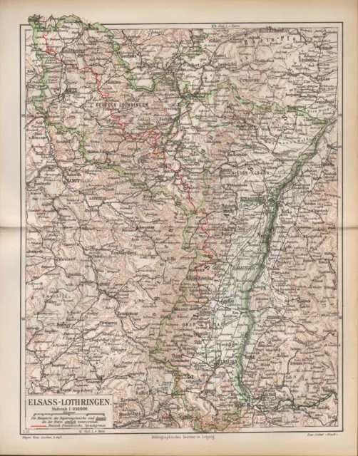 Landkarte map 1890: ELSASS-LOTHRINGEN. Strassbourg Metz Mühlhausen Münster