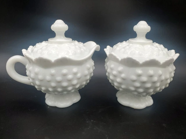 Fenton #3902 Milk Glass Hobnail Crown Top Sugar Bowl Creamer Lid Set Vintage