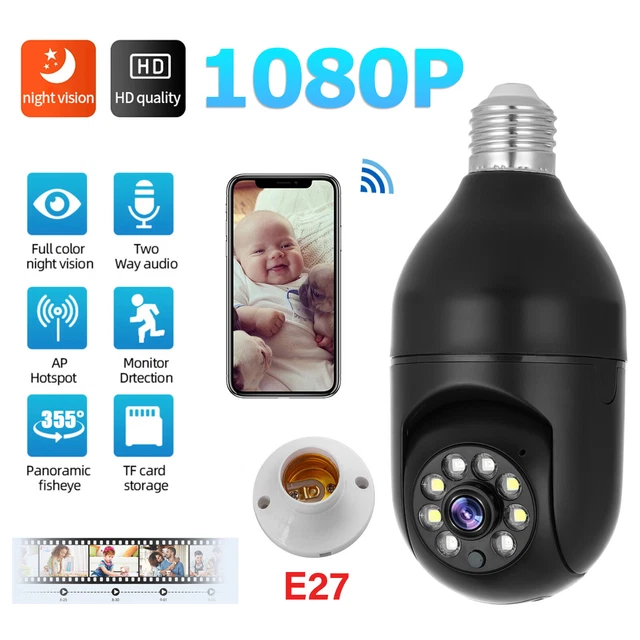 360° Panoramic WiFi IR IP E27 Light Bulb Camera 1080P HD Night Smart Home Black
