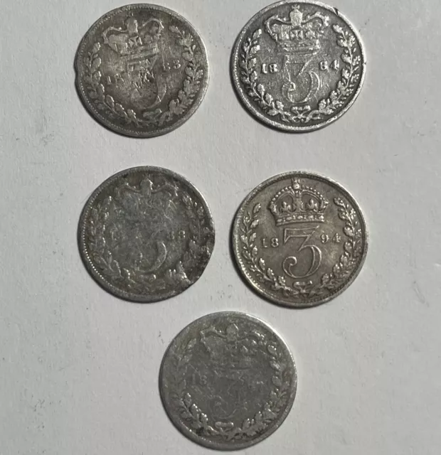 British Silver Three Pence Lot Of 5 1867, 1883, 1884 & 1894 .925 Sterling Silver