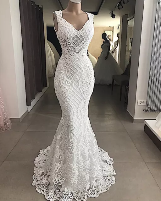 V Neck Lace Appliques Mermaid Wedding Dress White/Ivory Sleeveless Bridal Gown