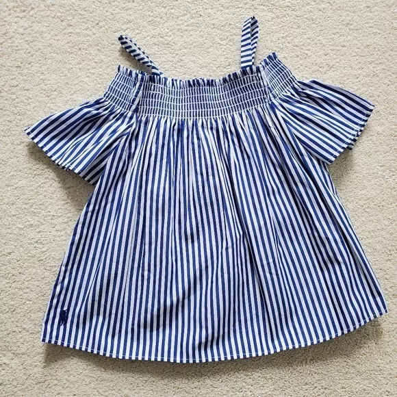 Polo Ralph Lauren Girls' Blue/White Striped Off-Shoulder Top sz5 2