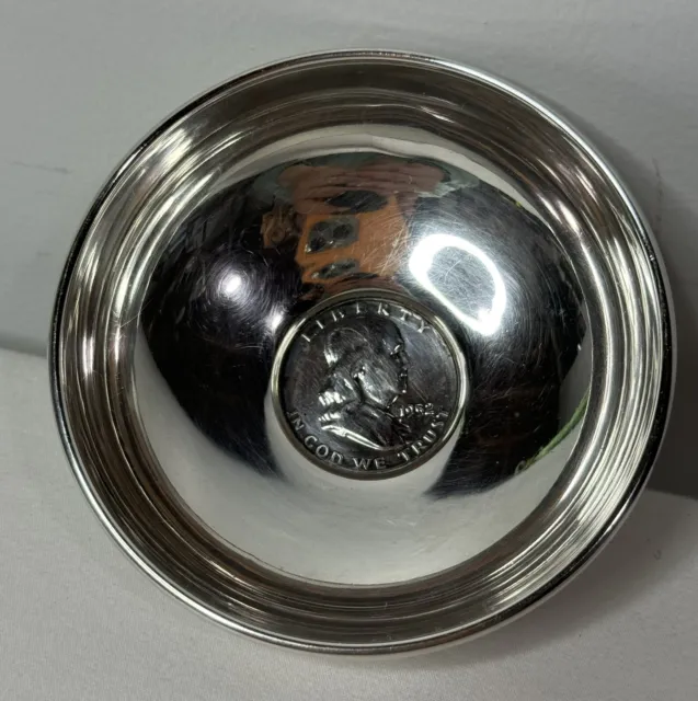 Antique Vintage Sterling Silver Bowl Dish Inlaid 1952 Franklin Half Dollar