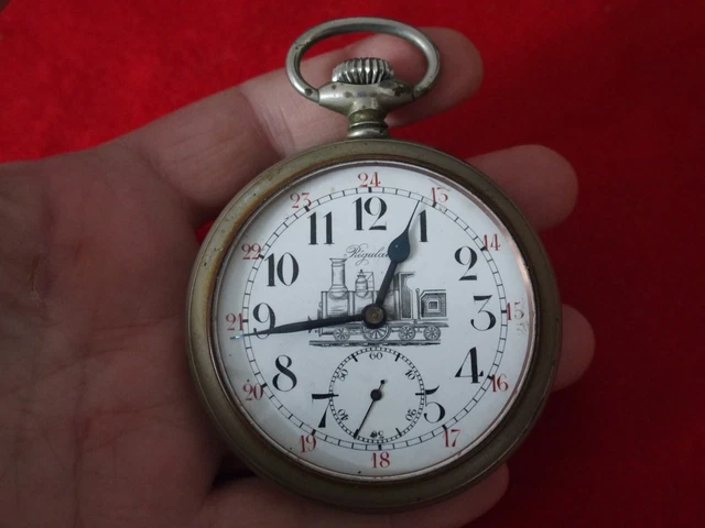 Montre Gousset Régulateur Vintage 67mm - Cadran Locomotive, émaillé Orange, France 1890