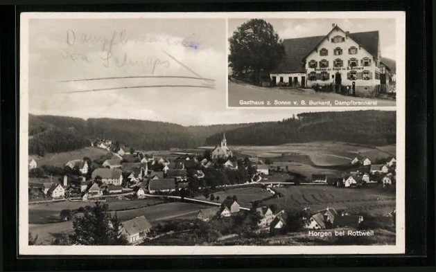AK Horgen bei Rottweil, Gasthaus zur Sonne mit Dampfbrennerei, Ortsansicht aus