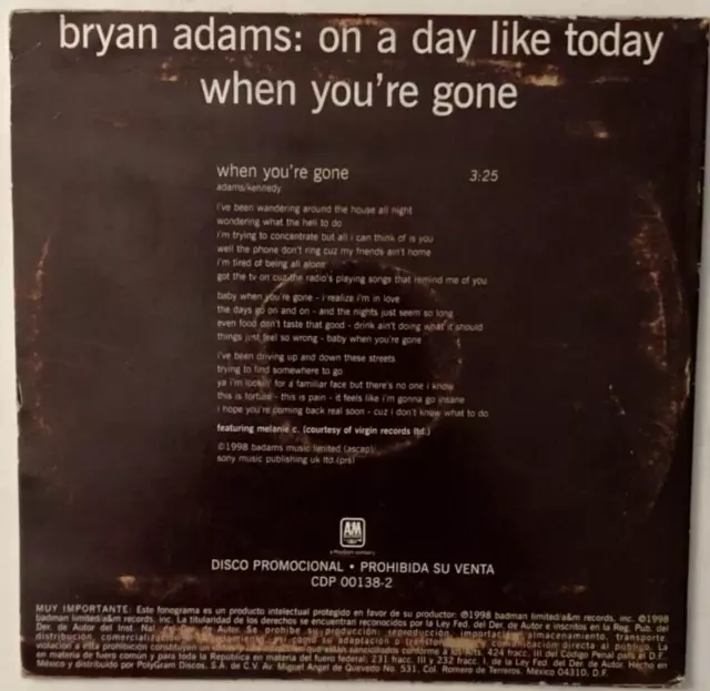 Bryan Adams, On A Day Like Today When You're Gone, 1998 Mexican Promo CD Album 2