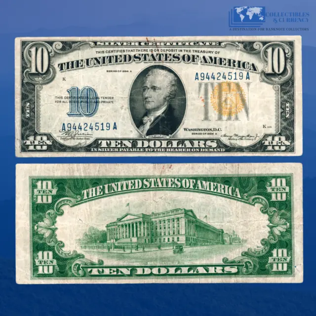 Fr.2309 1934A $10 Silver Certificate Yellow Seal "North Africa", VF #24519