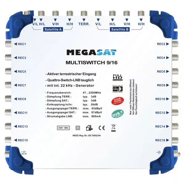 Megasat Multi-Switch 9/16 Multicommutateur Diseqc Répartition Quad LNB Adapté