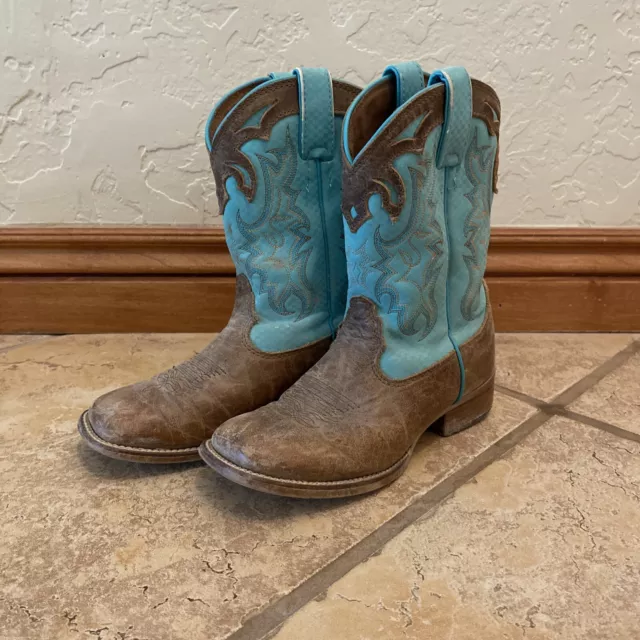 Justin Youth Size 1 D Brown Turquoise Leather Cowboy Western Boots