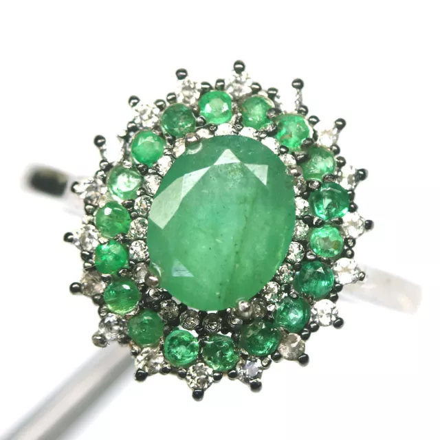 Unheated Green Emerald & White Topaz Ring 925 Sterling Silver Size 7