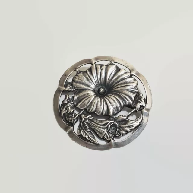 Dutch Repousse Art Nouveau 830 Silver Floral Brooch With C Clasp