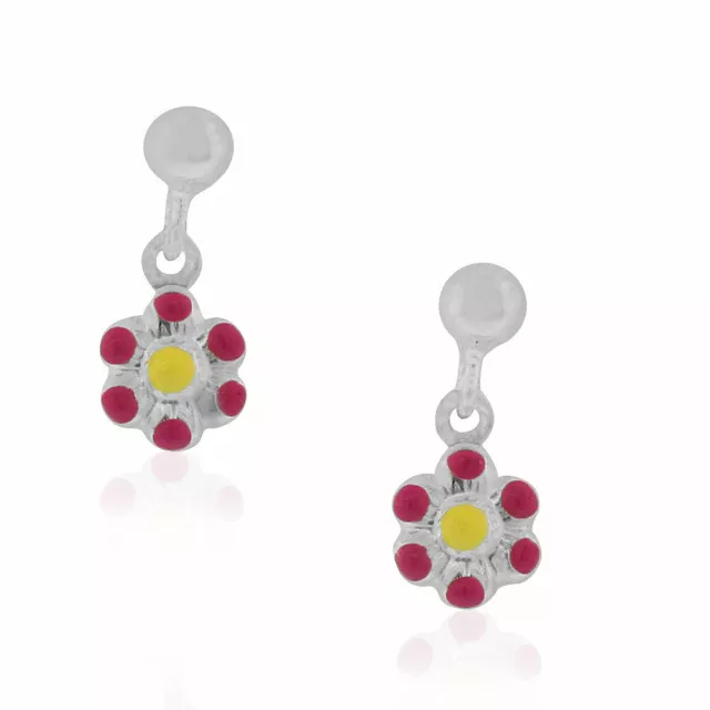 925 Argent Sterling Rose Émail Fleur Filles Pendantes Boucles D'Oreilles, 1.5cm