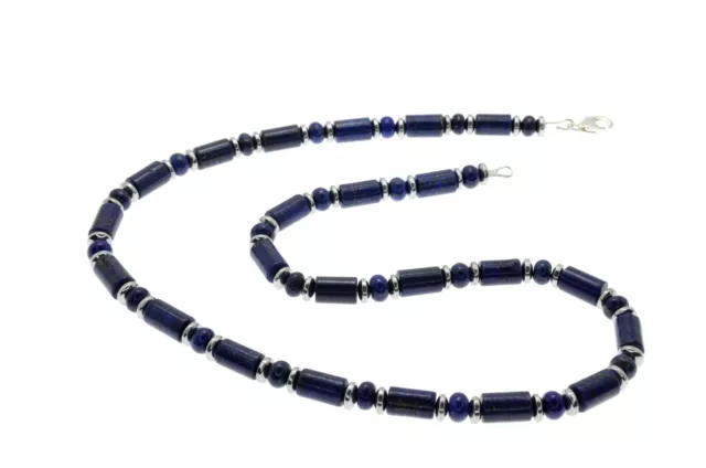 Mens Bead Necklace Lapis Lazuli Hematite 925 Sterling Silver Clasp Handmade Gift