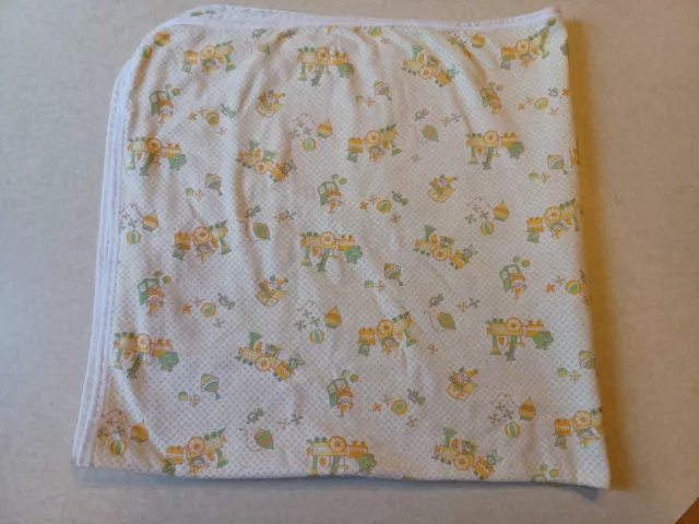 Vtg Carter's Baby Blanket Green Yellow Cotton Trains And Clowns