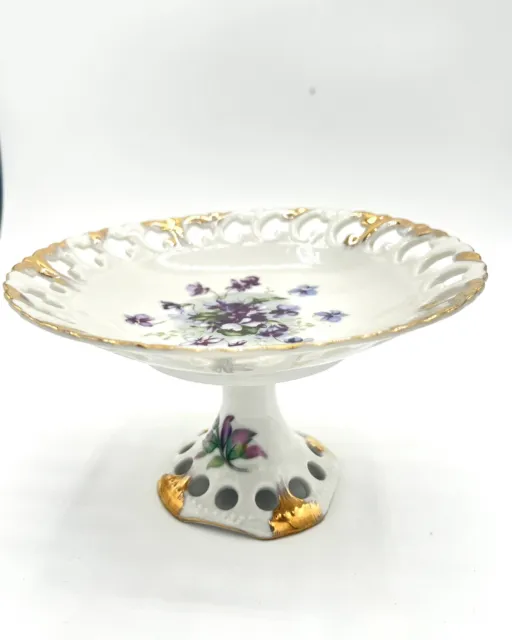 Vintage LEFTON CHINA 650V Reticulated COMPOTE DISH Purple Flowers GOLD RIM Nice!