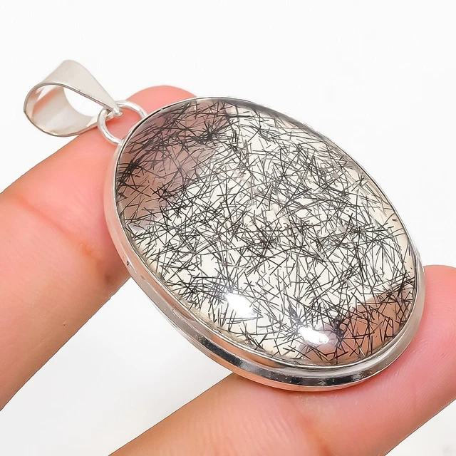 Black Rutile Gemstone Handmade 925 Sterling Silver Jewelry Pendant 2.05"