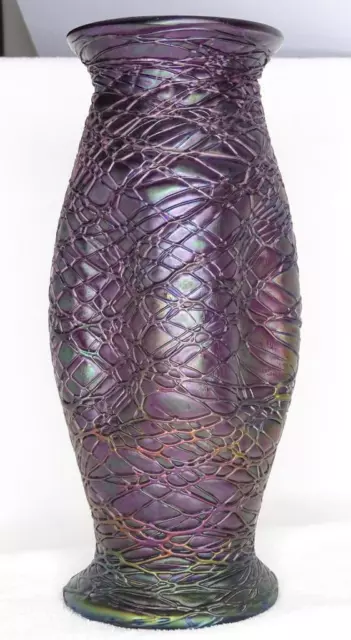 Antique Loetz Iridescent Purple Veined Threaded Pinched Form Art Glass 10.5 Vase