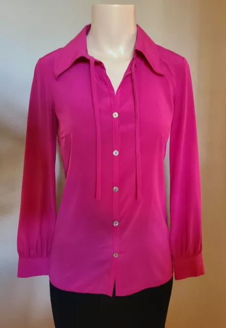 St. John Women's Long Sleeve Tie Collar Button Down Silk Blouse Pink Size 0 EUC