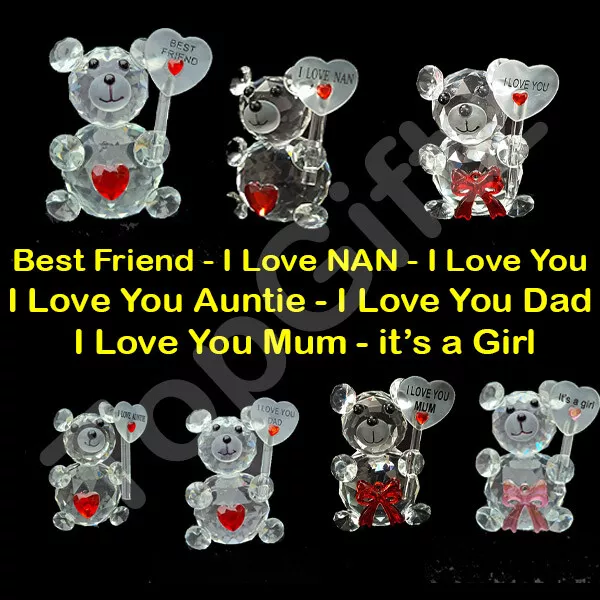 Teddy Bear Crystal Clear Ornament I Love You Mum Dad Nan Best Friend Auntie