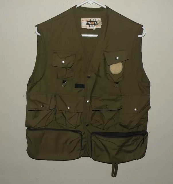 Vtg Western Trails Men’s Medium Fishing Vest Green Snap Front 11 Pocket Bend OR