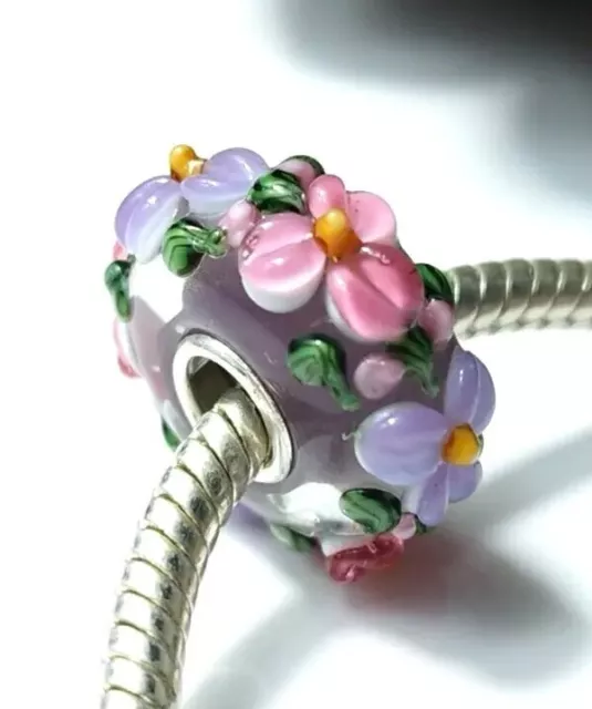 Purple with Flowers 3D Murano Glass BEAD SILVER 925 EUROPEAN FIT CHARM