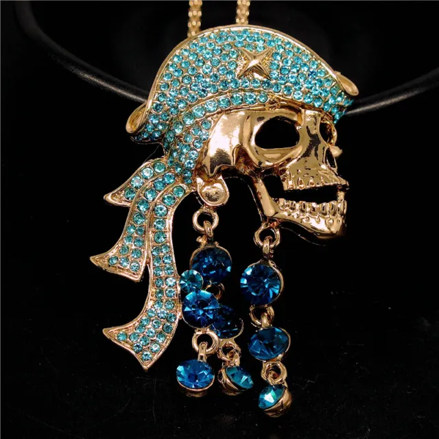 Betsey Johnson Bling Rhinestone Blue Pirate Skull Crystal Pendant Chain Necklace 2