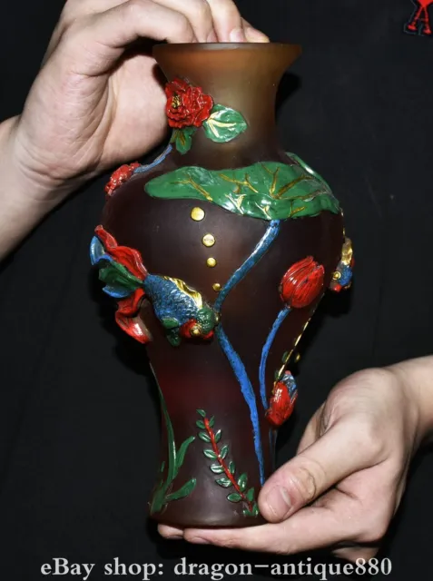 8.8” Old Chinese Glaze Paintings Carving Dynasty Palace Goldfish Lotus Bottle