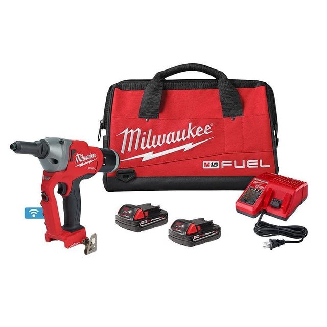 Milwaukee Rivet Tool Kit 18V w/ 2.0Ah Batteries + Retention Nose + Charger + Bag