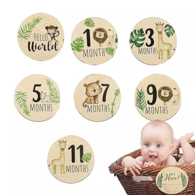 7x Wooden Baby Milestone Cards 1-12 Months Discs for Newborn Photo