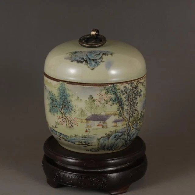 Chinese Famille Rose Porcelain Jar Landscape Pattern Pot Tea Caddy 4.72 inch