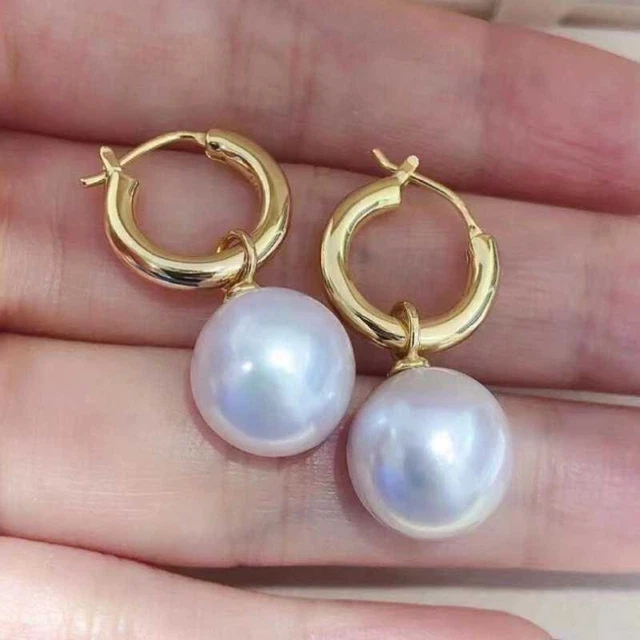 Handmade 12MM white shell pearl earrings 18K gold plated rings Halloween