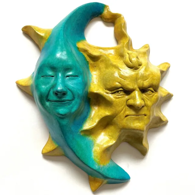 Handmade Collectible Artwork Turquoise & Amber Sun-Moon Sculpture, Artist Signed
