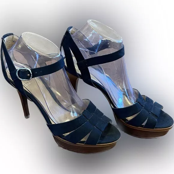 Vince Camuto, navy leather strappy, open toe, stiletto heels, womens size 9.5