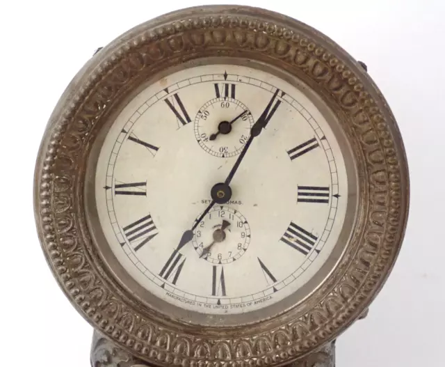 Antique 1909 Seth Thomas Long Alarm Clock Fancy Embossed Metal Case 3